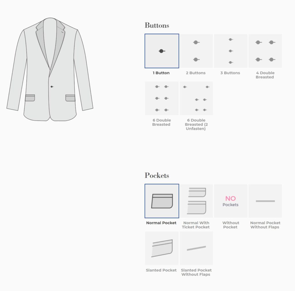 How many buttons for your suit? What type of pockets for your custom suit? These are just some of your options when you customize your suit.