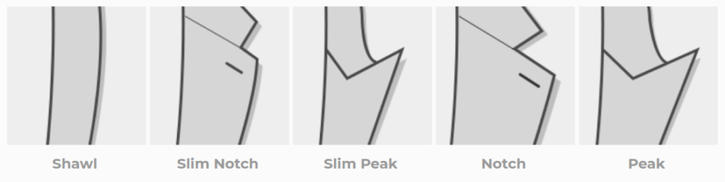 Lapel varieties diagram. This diagram shows The Slim Notch, Notch, Slim Peak, Peak, and Shawl lapels