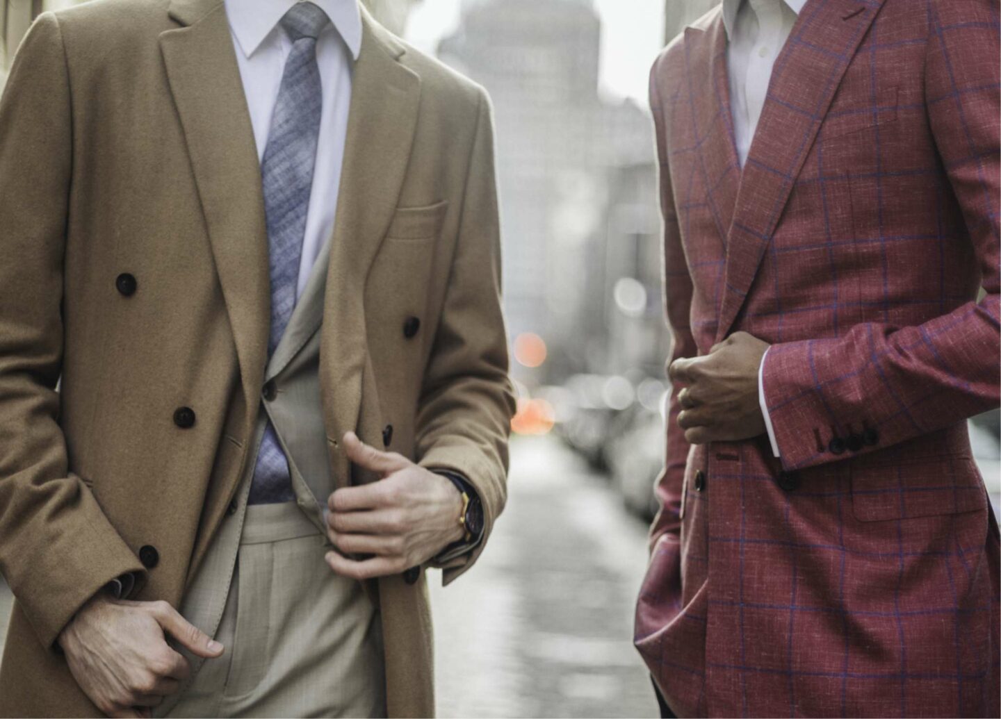 All of Hartter Manly's suits come with half canvas as standard. Image shows two men in suits and overcoats with half and full canvas interlining.