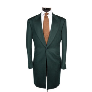 Overcoats - Emerald Ambition. An emerald green knee length overcoat on a body form with a white shirt and a brown speckled tie on a white background