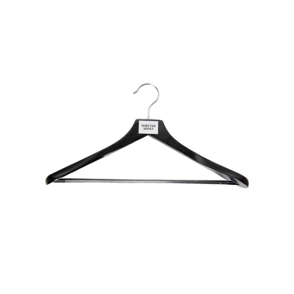 Hartter Manly branded black hanger on a white background