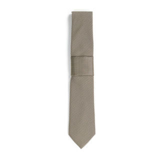 An ivory colored houndstooth tie on a white background