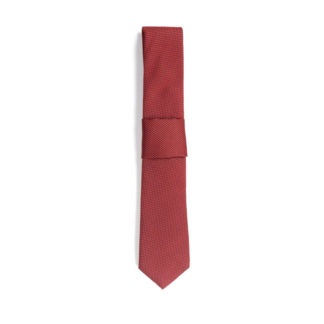 A red and black mini check patterned tie on a white background