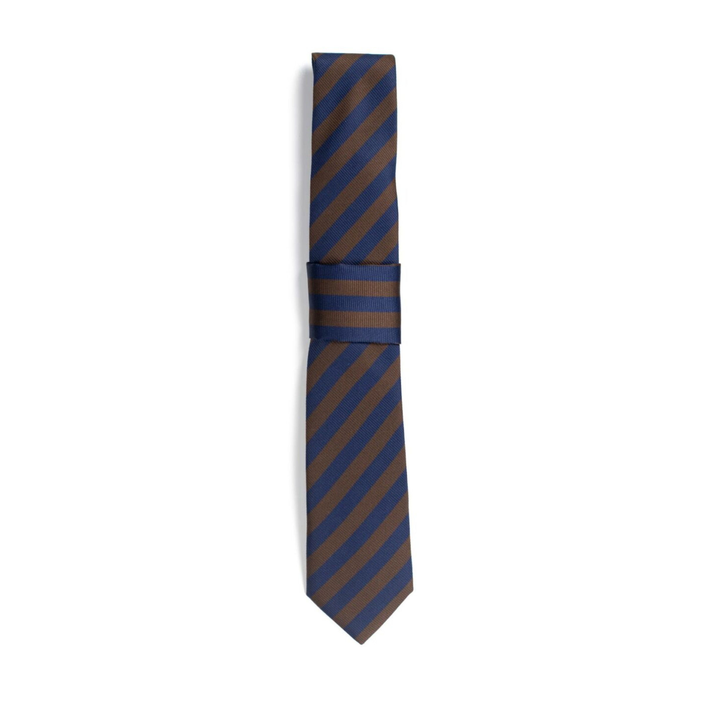 A chocolate browna dn navy blue striped tie on a white background