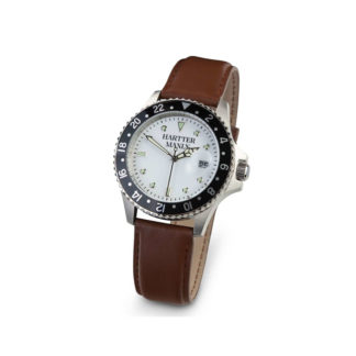 A white watch face with black bezel and brown leather strap on a white background