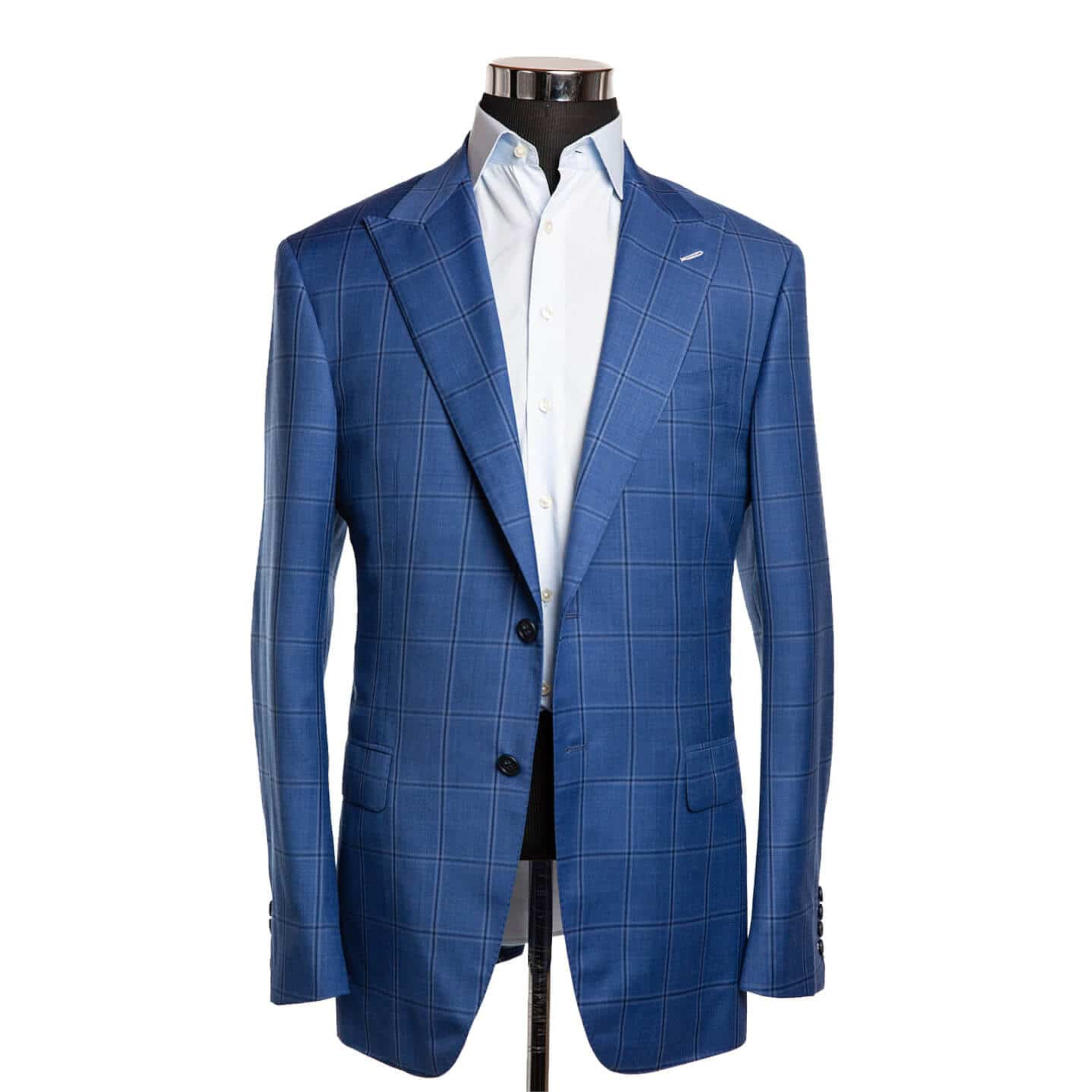 A light blue sport coat with a windowpane pattern on a body form with a very light blue shirt on a white background