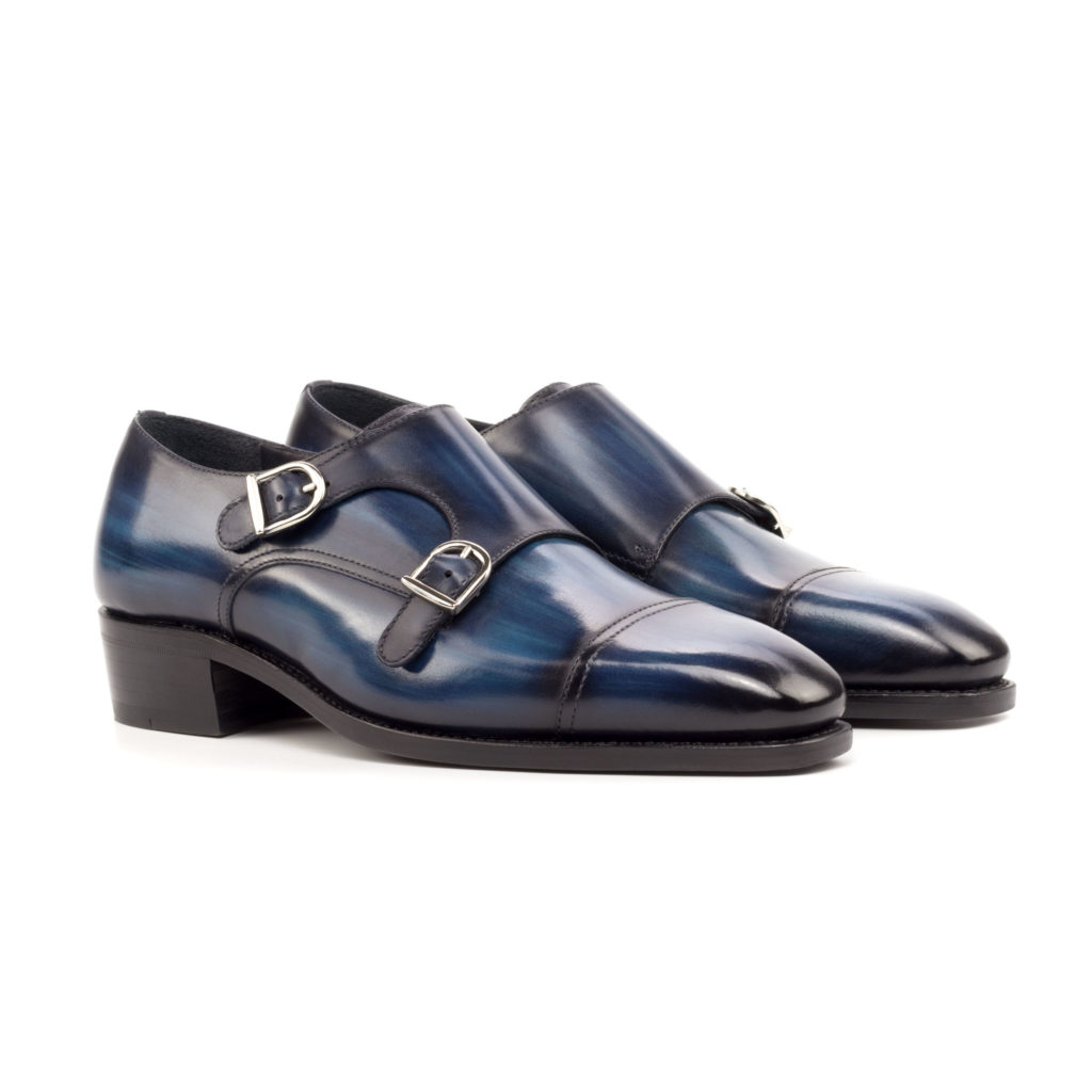 Kirigami: Cobalt Patina Double Monkstraps: A bold pair of blue leather dress shoes