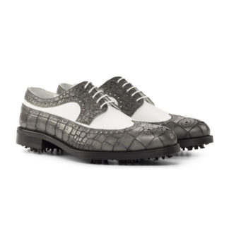 The Derby Golf Shoe: White calf/Grey croc. white box calf + grey painted crocodile lace up golf shoes with toe embellishments on a white background