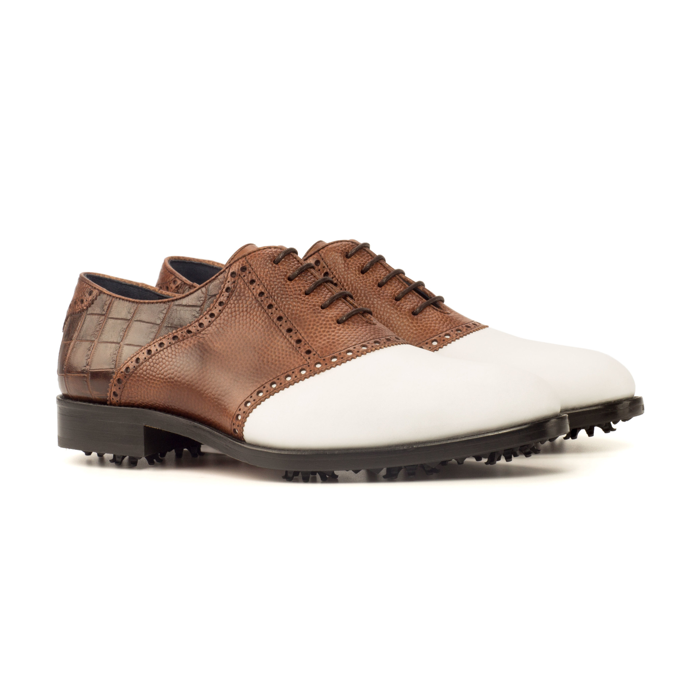 The Shetland Golf Shoe: Variant. Dark brown painted croco, white box calf, med brown painted calf, med brown pebble grain golf shoes