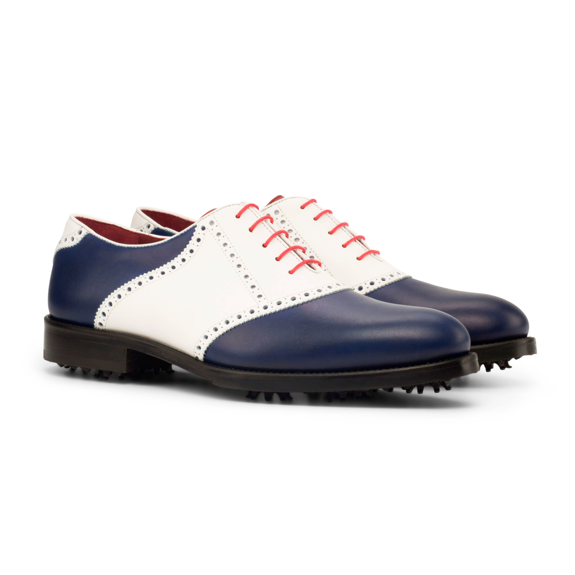 The Shetland Golf Shoe: Hero. white box calf, navy and red painted calf leather golf shoes