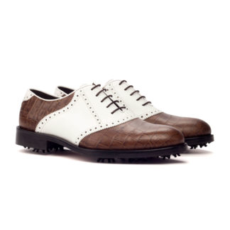 The Shetland Golf Shoe: Brown/White. Dark brown painted crocodile and white box calf leather golf shoes