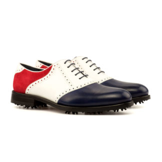 The Shetland Golf Shoe: Patriot. white box calf, navy painted calf, red kid suede golf shoes