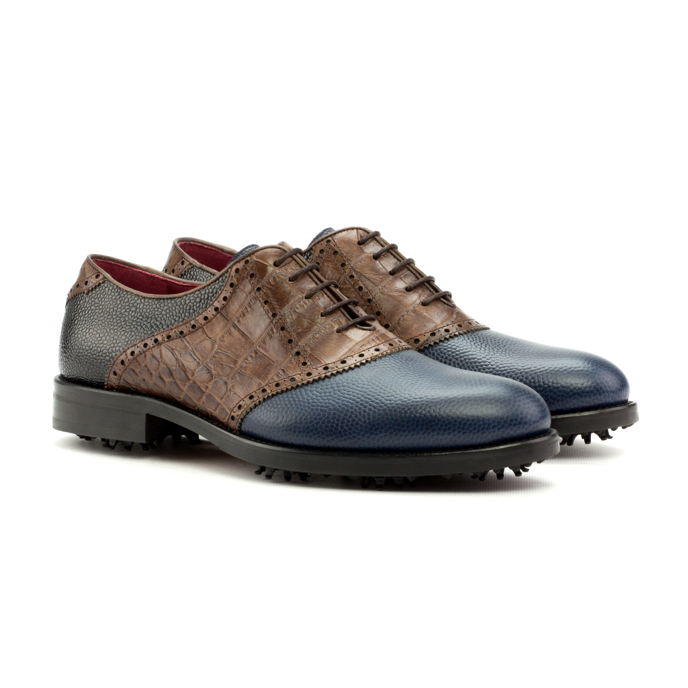 The Shetland Golf Shoe: Black/Brown. dark brown painted croco, black pebble grain, navy pebble grain golf shoes
