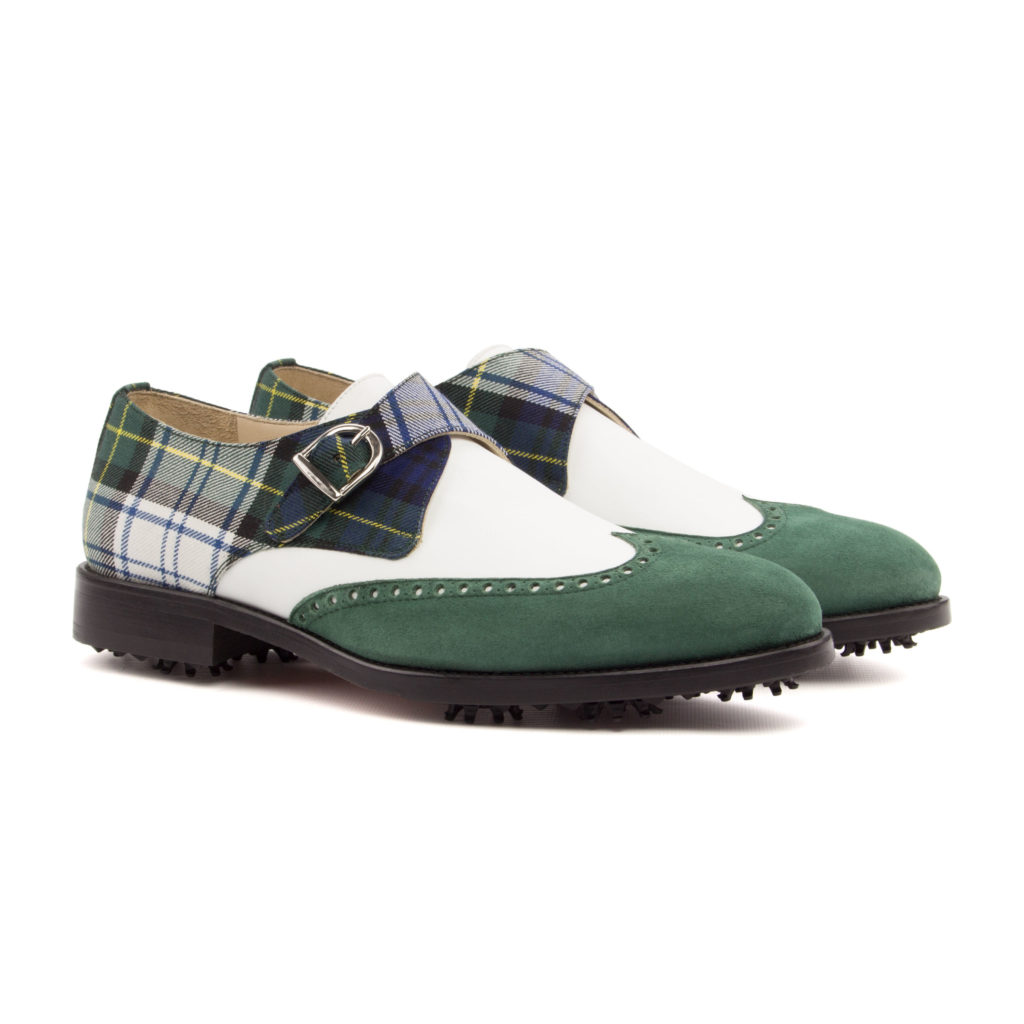 The Philosopher Golf Shoe: Green Plaid. tartan sartorial + white box calf + forest kid suede golf shoes