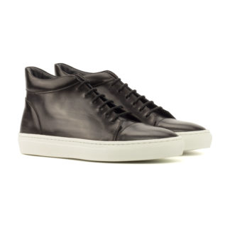 The High Top: Brushed Chocolate shoe by Hartter Manly.black box calf and grey patina leather high top sneakers with white soles on a white background