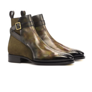 The Stallion: Green Patina/ Khaki Suede. Riding style ankle boot with strap and buckle in khaki colored luxury suede with green patina on white background