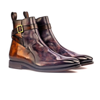The Stallion: Aubergine/Tobacco Patina. Aubergine and tobacco patina riding style ankle boots with strap and buckle on a white background