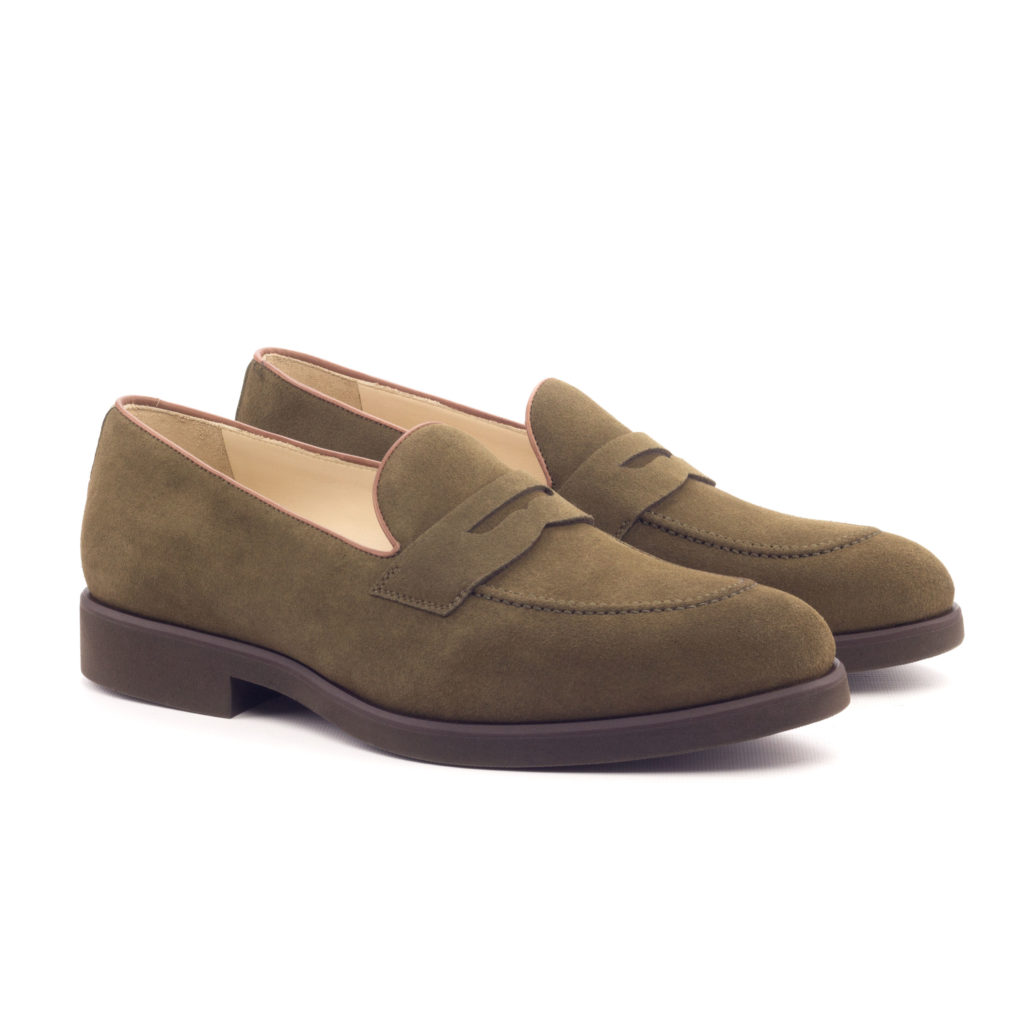 The Richmond: Camel Suede. Khaki Lux Suede loafers showing front and right side, against white background