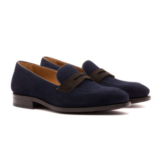 The Richmond: Navy Penny. Navy and dark brown leather suede loafers against white background.