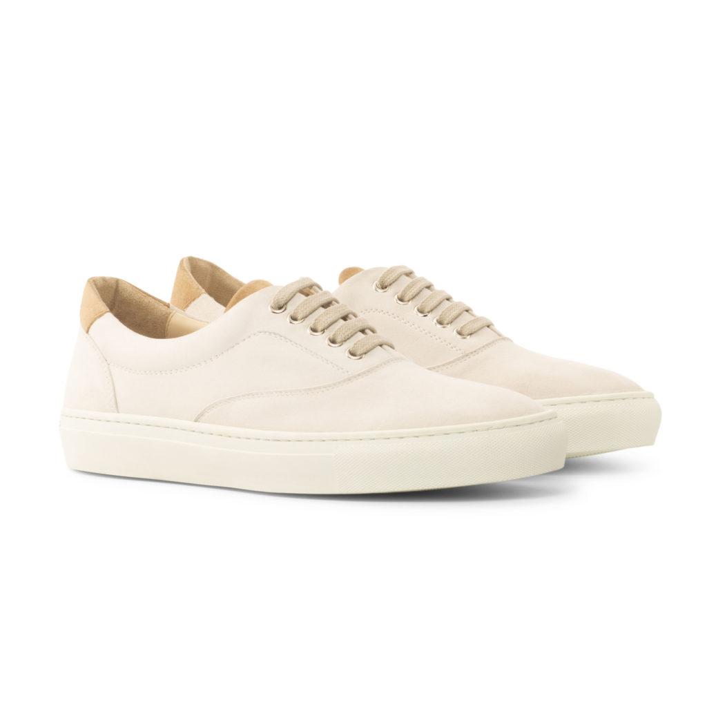 The Mariner: Camel Suede. Camel colored kid suede and white kid suede lace up sneaker style shoes on white background