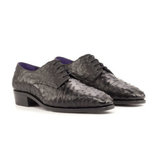 The Latus: Black Ostrich. Front side view of black exotic ostrich men's style lace up dress shoes on a white background