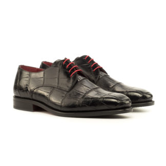 The Latus: Black/Red Alligator. Front side view of black exotic alligator men's style dress shoes with red laces on a white background