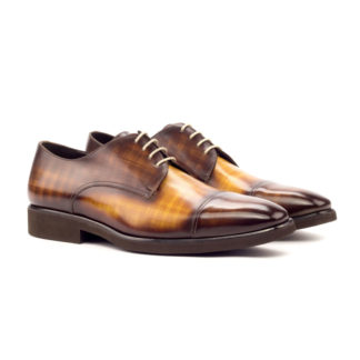 The Latus: Brown/Cognac Patina. Front side view of brown patina, cognac patina leather men's style dress shoes with laces on a white background