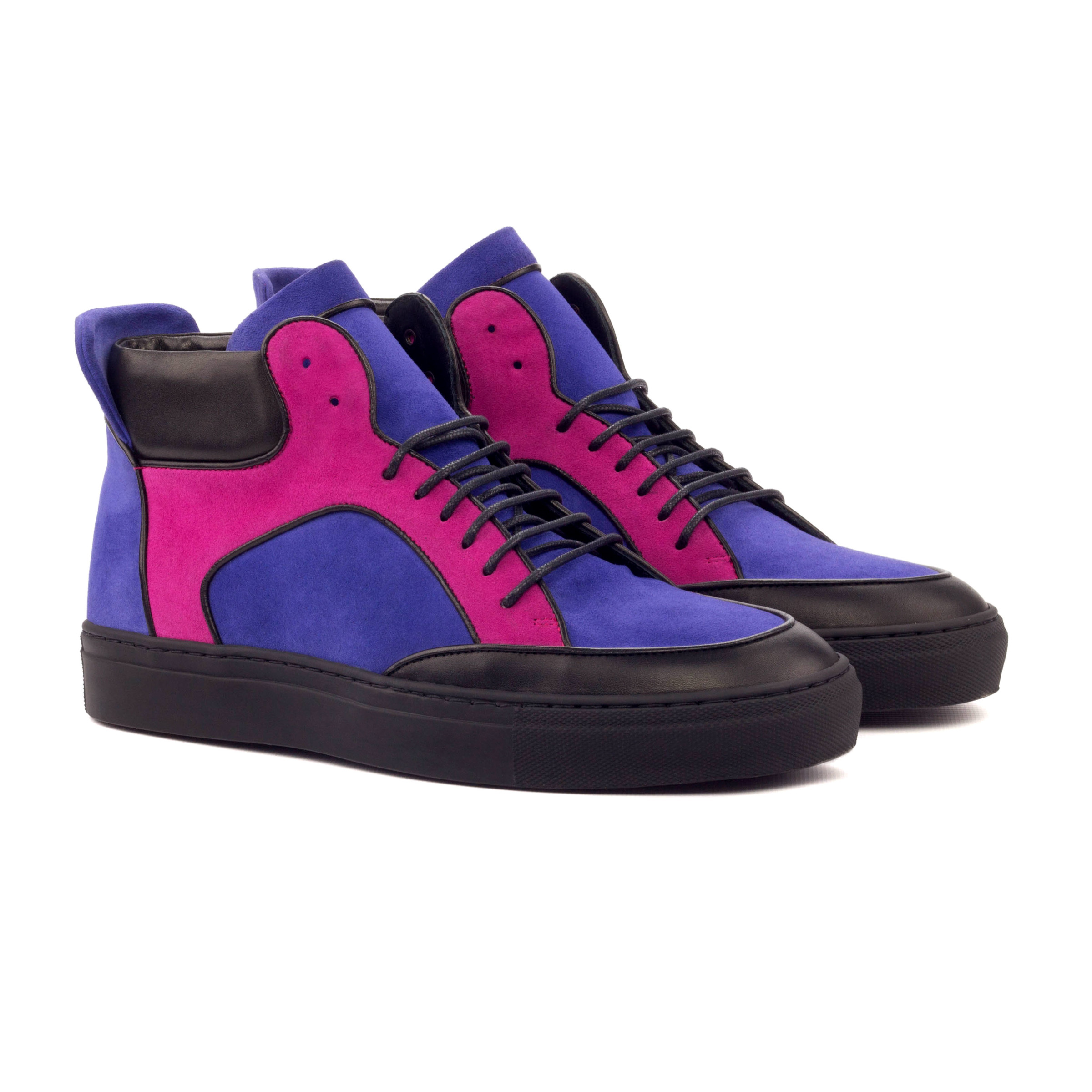 The High Top: Electric Vintage. Front side view of black calf leather, black box calf, purple kid suede, fuchsia kid suede, black painted calf leather sneaker style shoes with black soles on a white background