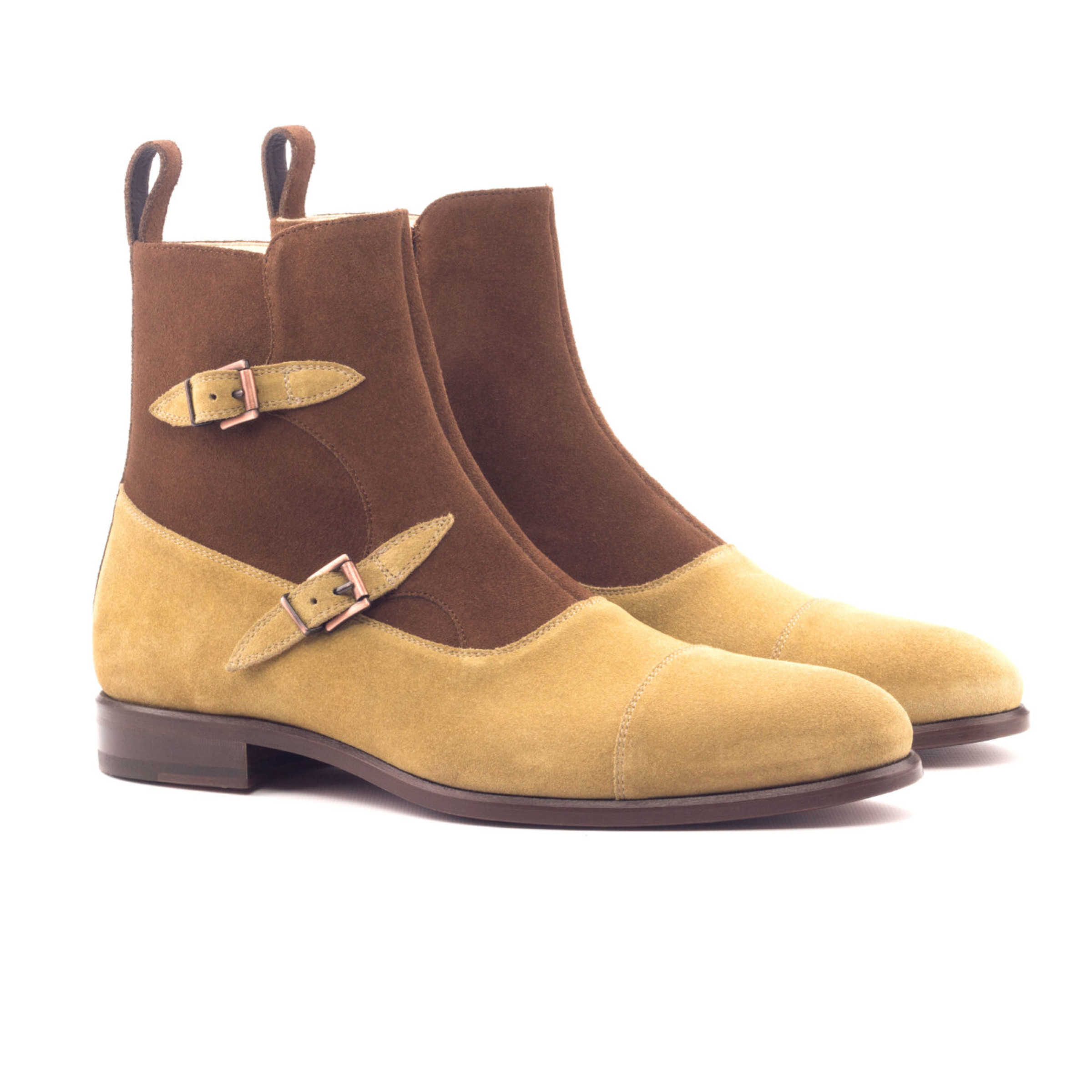 The Octavian: Mixed Suede. Front side view of med brown lux suede, mustard lux suede ankle boots with 2 buckles on white background