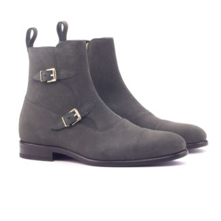 The Octavian: Grey Suede. Front side view of grey lux suede ankle boots with 2 buckles on a white background