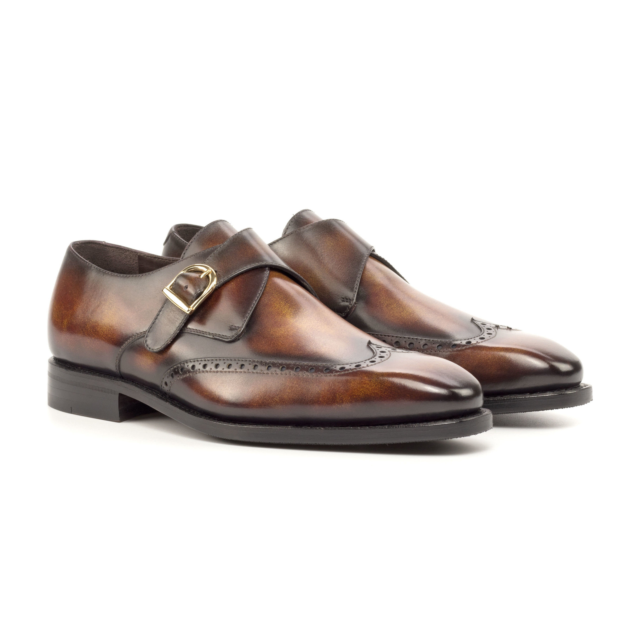 The Abbot: Fire Patina Brogue. Single monkstrap brogue shoes in fire brown patina.